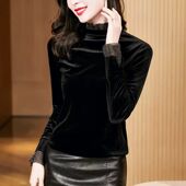 洋气网纱黑色丝绒半高领打底衫 女士秋冬2025新款 气质洋气内搭上衣