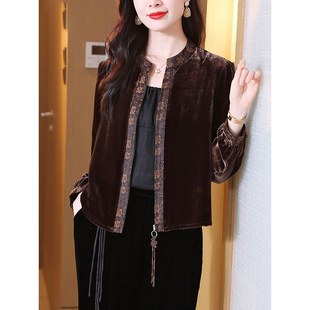 中式复古圆领金丝绒开衫短外套女秋季2025国风短款中年妈妈装上衣