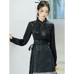 黑色衬衫 新中式 高级感长袖 衬衣女春秋新款 上衣 立领盘扣配马面裙