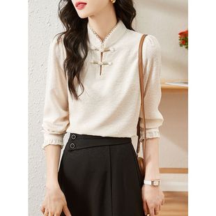 新中式旗袍领提花衬衫女春秋国风立领复古盘扣衬衣搭配马面裙上衣