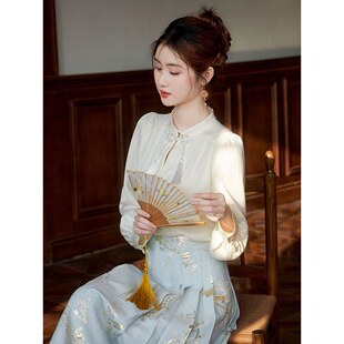 搭配马面裙 新中式 女春秋新款 衬衫 衬衣白色上衣 国风禅意汉服长袖