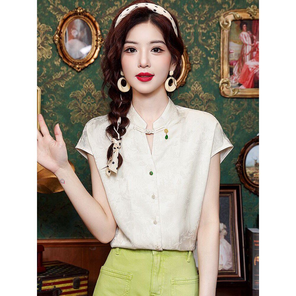 新中式缎面短袖衬衫中国风女装夏季2025新款上衣洋气高端别致小衫