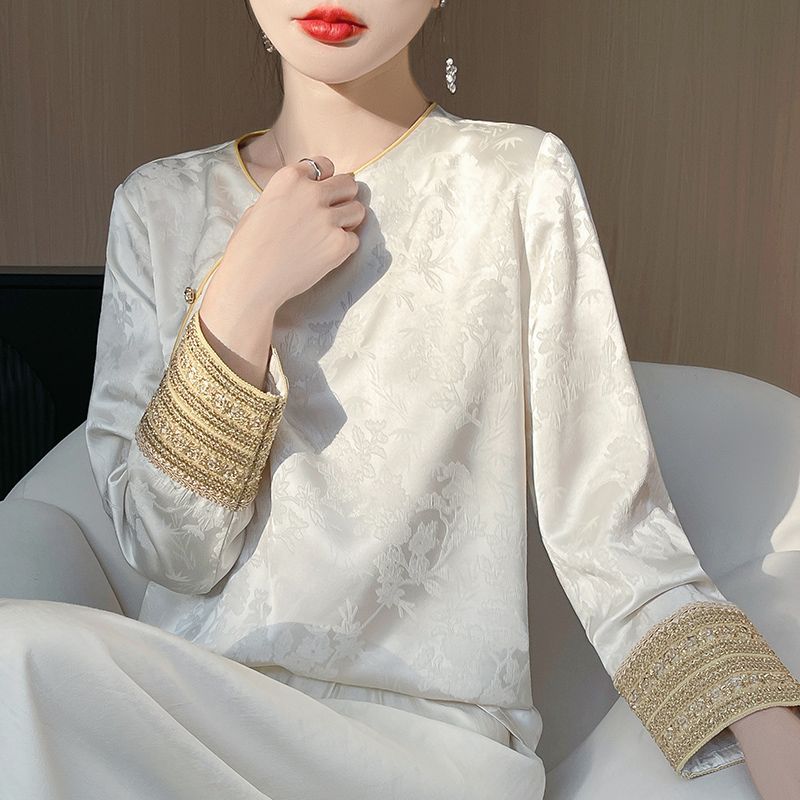 国风提花缎面斜襟长袖衬衫3012