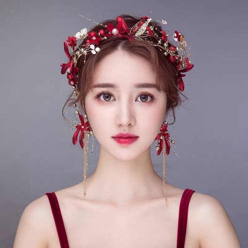 新娘头饰2020新款结婚红色婚纱发饰中式超仙敬酒服森系礼服配饰品