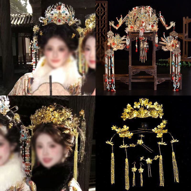 中式古风头饰秀禾汉服凤冠奢华发冠配饰新娘明制结婚发饰新款套装