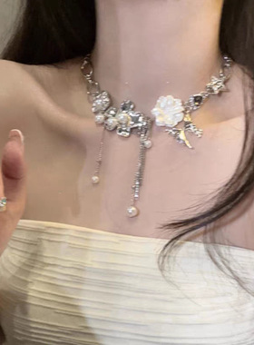 轻奢花朵流苏项链小众设计感重工金属锁骨链复古感choker颈链