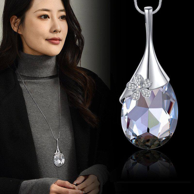 韩版简约毛衣链项链水滴水晶吊坠饰品女秋冬服饰挂件配饰长款气质