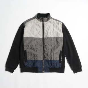 口中青年薄款 型菱形罗纹袖 棉服拉链外套 夹棉立领拼块夹克版 春秋款