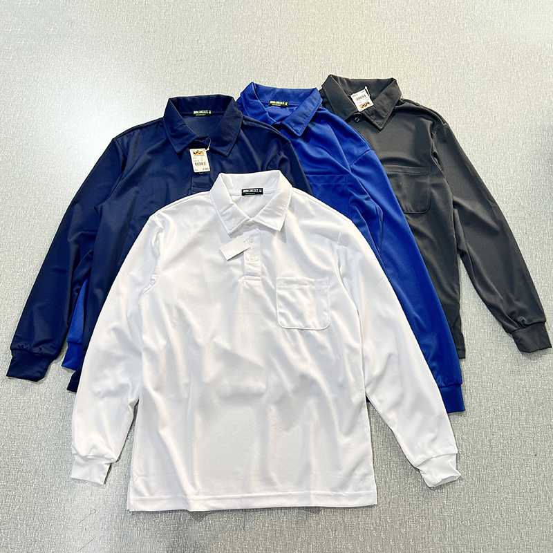 胸前口袋!日单 下开叉翻领透气速干网眼宽松休闲Polo衫长袖t恤
