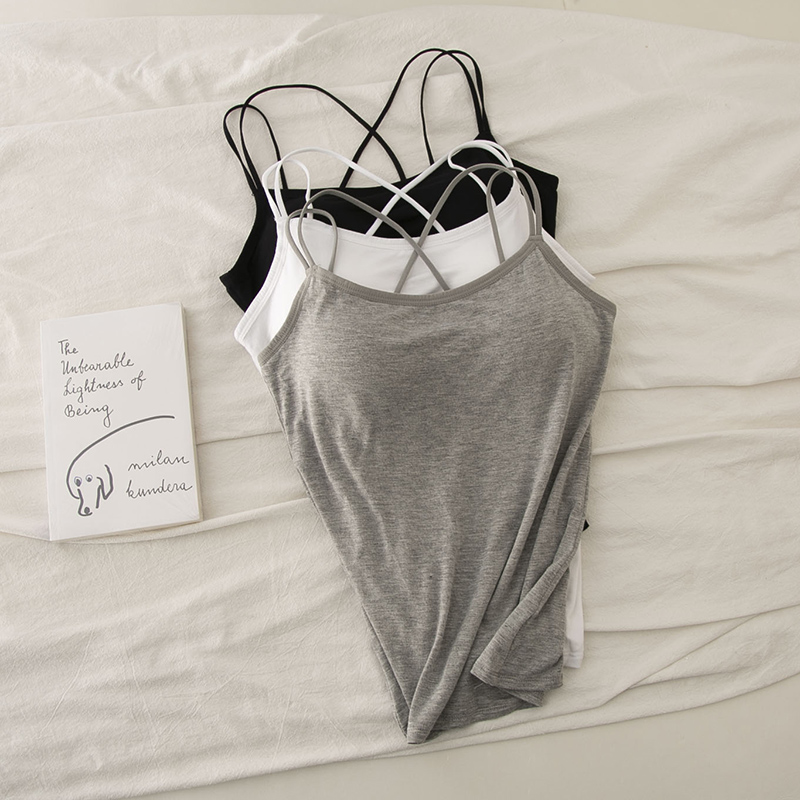 罩杯一体交叉美背露背内搭小吊带女无钢圈吊带上衣打底衫运动背心