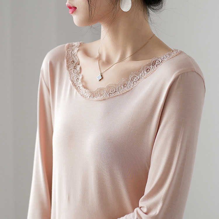 2022秋冬季莫代尔蕾丝圆领打底衫女内搭洋气花边长袖上衣秋衣小衫,女装/女士精品,T恤,淘宝优惠券,粉丝福利购,淘宝优惠卷