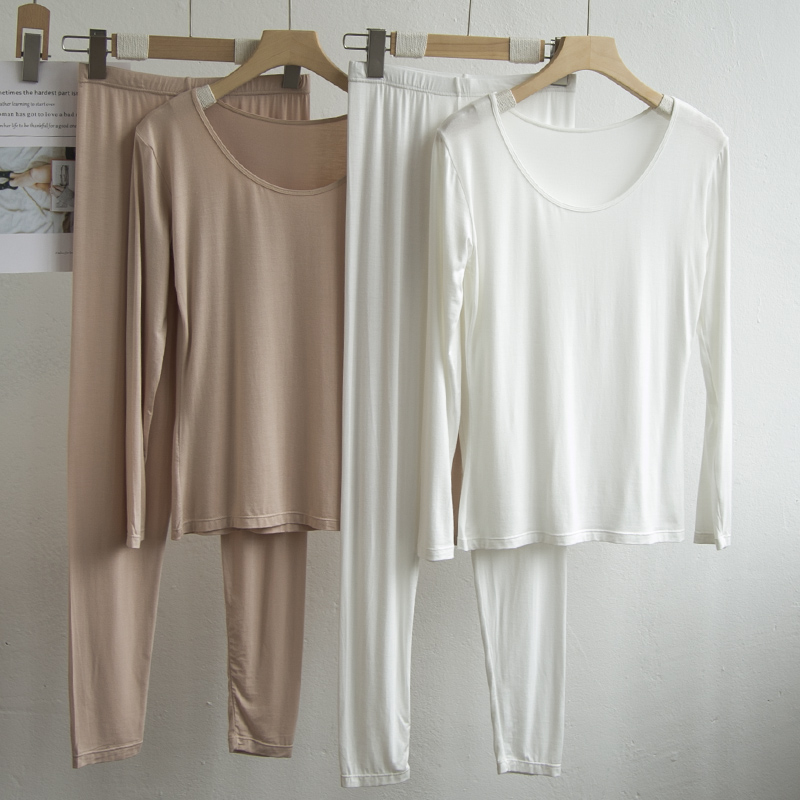 莫代尔打底衫女保暖内衣薄款紧身t恤内搭大领口低领秋衣秋裤套装