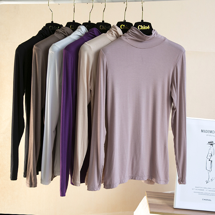 莫代尔高领打底衫春夏韩版大码薄款长袖女百搭黑色紧身t恤女秋衣