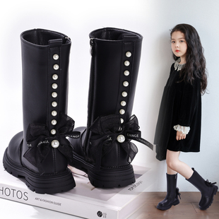 2025款甜美公主女童靴子秋冬儿童加绒保暖长靴黑色新款可爱高通靴