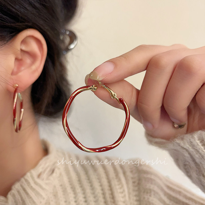 安可拉红色耳饰小众设计感气质简约百搭时尚大耳圈耳环耳夹无耳洞
