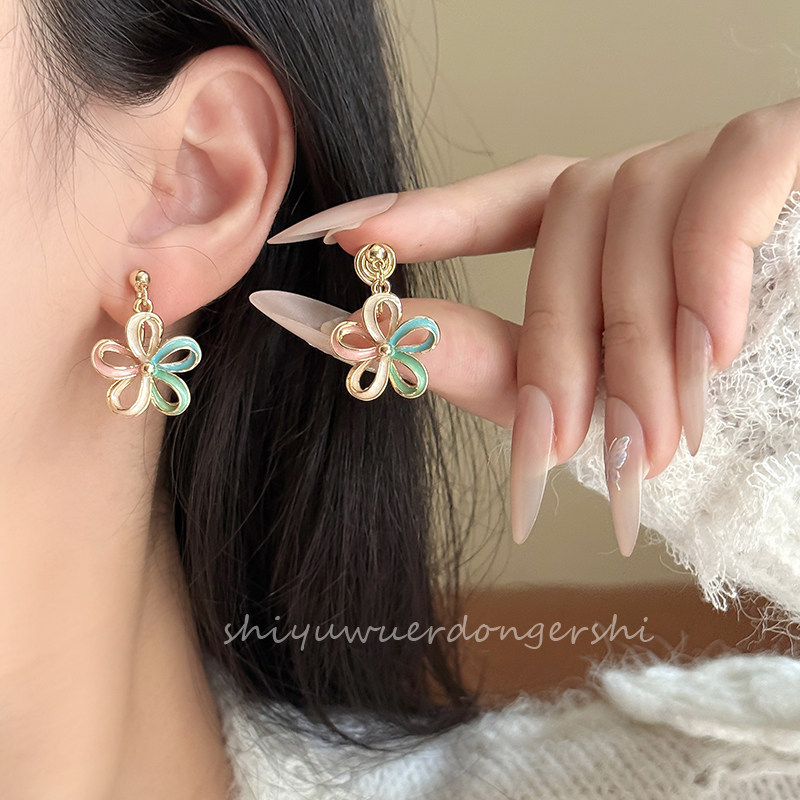 彩色渐变花朵耳针镂空螺旋花瓣耳环蚊香盘小清新甜美风无耳洞耳夹