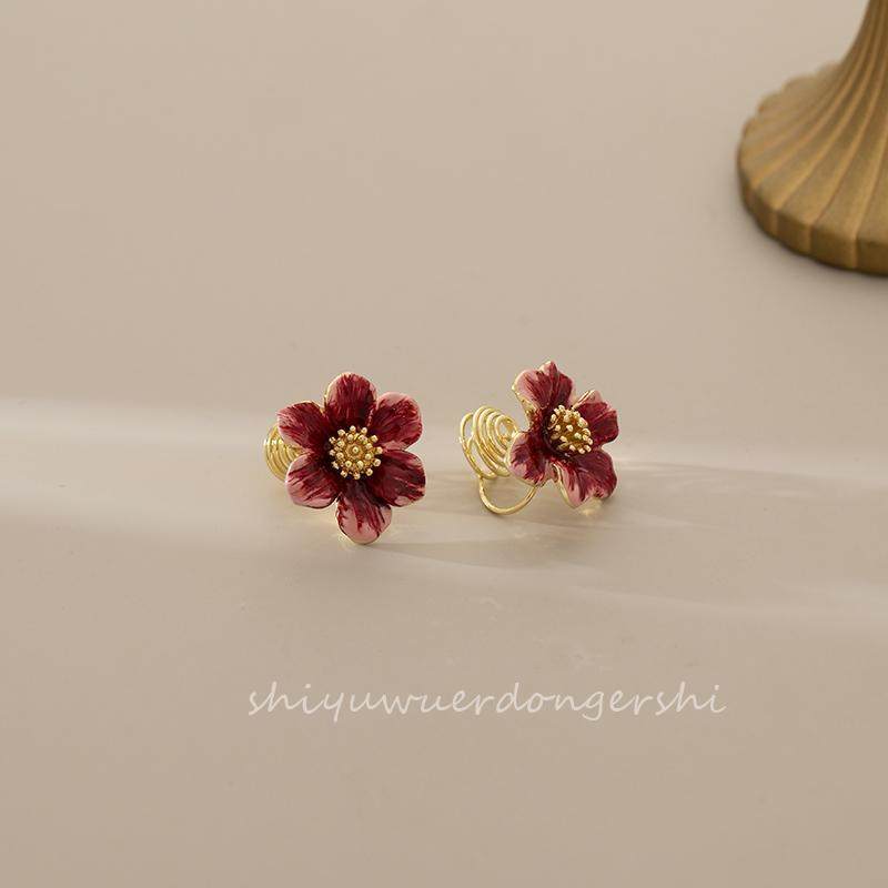 法式复古红色滴釉花朵耳钉简约轻奢气质小众耳环蚊香盘耳夹无耳洞,饰品/流行首饰/时尚饰品新,耳夹,淘宝优惠券,粉丝福利购,淘宝优惠卷