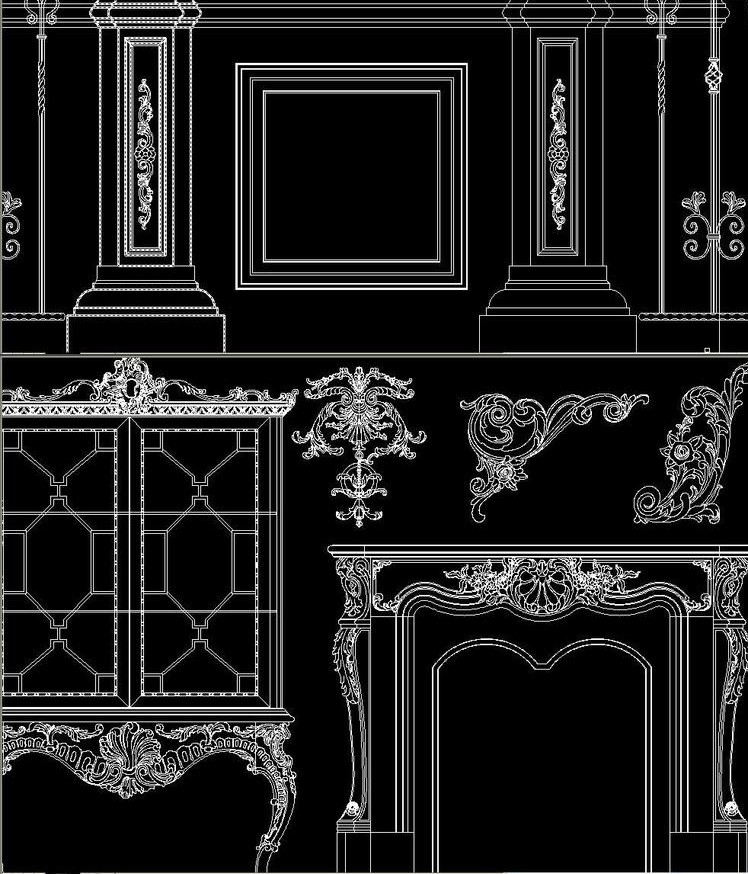 欧式美式巴洛克洛可可法式雕刻图案雕花花纹整木石膏线CAD施工图