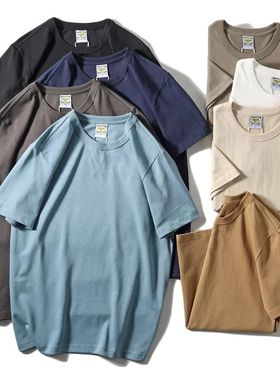 美式复古300g重磅磨毛纯棉短袖t恤男阿美咔叽纯白色不透体恤夏