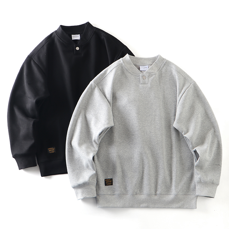 美式复古纯棉加绒加厚棒球领套头卫衣男士秋冬宽松休闲保暖打底衫