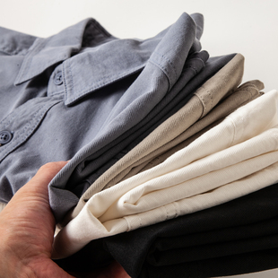 宽松纯棉寸衫 日式 男韩版 衬衫 斜纹水洗翻领休闲衬衣外套男 白色长袖