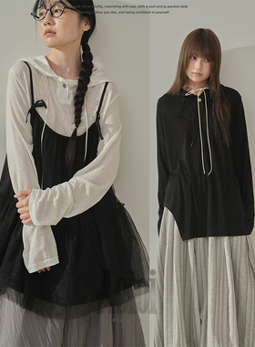 Aoioi日系少女连帽针织防晒长袖T恤女春夏宽松显瘦叠穿百搭上衣