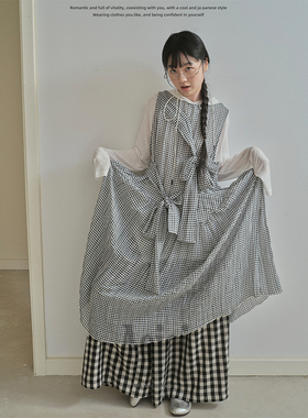 Aoioi日系复古蝴蝶结格子背心连衣裙女春夏设计感宽松显瘦长裙子