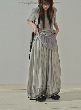 Aoioi日系古早条纹灯笼休闲裤女春夏百搭宽松显瘦阔腿裤长裤子