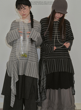 Aoioi日系少女古早不规则针织条纹T恤女春宽松显瘦设计感慵懒上衣
