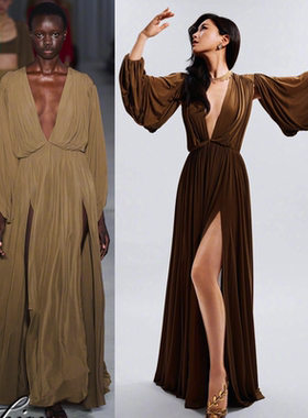 朱珠vogue红毯同款风情深v大摆礼服裙连衣裙2024秋冬新款开衩长款