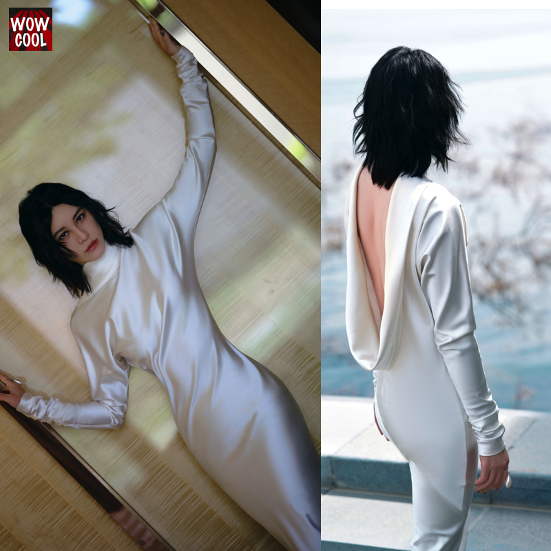 尚雯婕同款白色缎面露背礼服裙大漏后背连衣裙高端醋酸长袖高领女