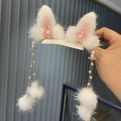 儿童古风兔耳朵毛球流苏发夹