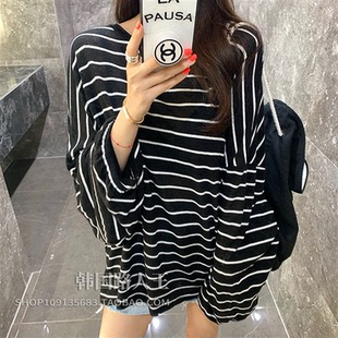 韩国东大门新款2025年春秋条纹t恤女长袖宽松防晒慵懒风上衣ins潮