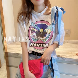 韩国东大门新款春夏季女装小心机露肩蓝色彩带白色竹节棉麻T恤女