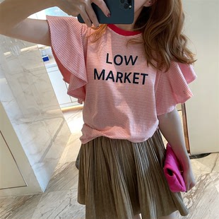 韩国东大门新款2025夏季可爱风红色条纹飞飞袖减龄休闲T恤女短袖