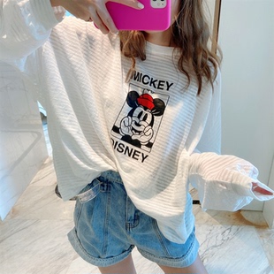 韩国东大门2025年夏季新款薄款条纹长袖米奇防晒衫卡通白色T恤 女