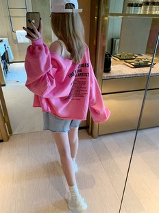 韩国东大门新款女装春秋季拼粉色后背黑字母可爱宽松开衫卫衣外套