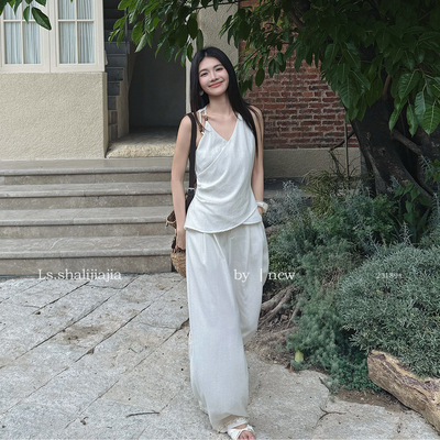 LS 优雅v领小衫+休闲阔腿裤套装广州十三行2026夏季新款套装23189