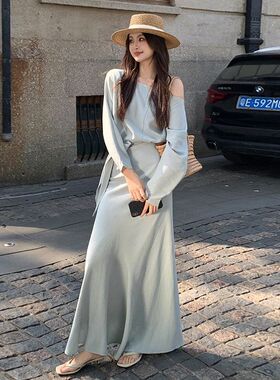 秀熙熙2025春新款气质雪纺小衫+高腰A字半身长裙两件套装女89282