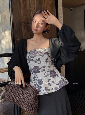 LS 复古优雅印花抹胸上衣女 广州十三行2025早秋新品女装22760#