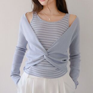 撞色假两件针织衫 设计感扭结打底衫 女29132 新品 FONE简禾2025春季