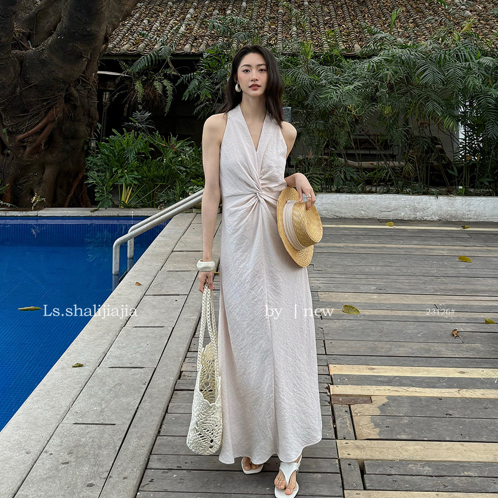 LS 度假风v领扭结设计修身连衣裙广州十三行2026春新款裙子23126#