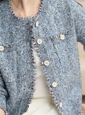 JPOO 爱这蓝灰花纱！清新又沉稳 IC同羊毛混纺流苏针织开衫短外套