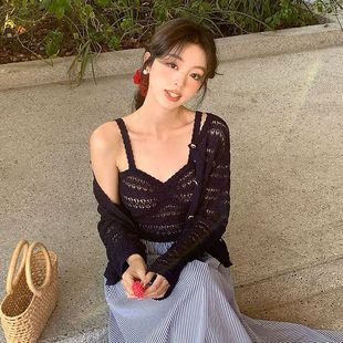 两件套装 性感镂空针织小吊带背心防晒罩衫 女25228 新款 秀熙熙春季