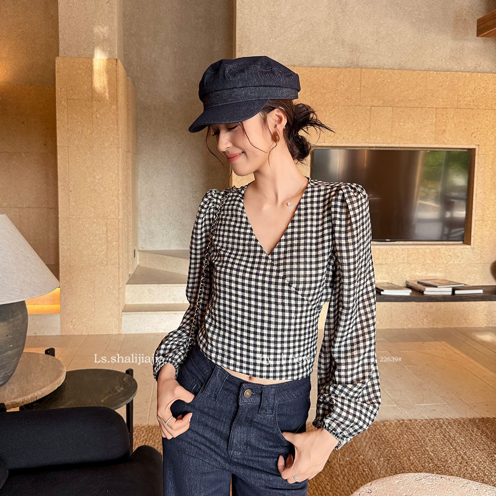 LS 复古港风收腰绑带格子小衫 广州十三行2026春夏新品女装22639#