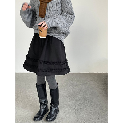 滔川 减龄系~百搭气质木耳边半身裙女花边高腰加厚A字短裙X25705