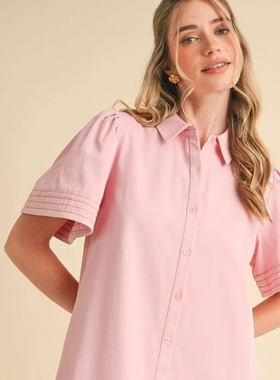 小俞家 merc* 休闲风粉色宽松衬衣领短袖连衣裙舒适透气温柔甜美