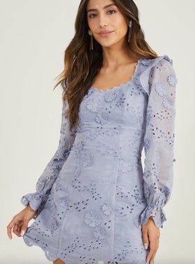 小俞家 altara sta* 蓝色镂空蕾丝刺绣短款长袖连衣裙法式气质款