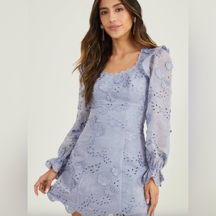 小俞家 altara sta* 蓝色镂空蕾丝刺绣短款长袖连衣裙法式气质款