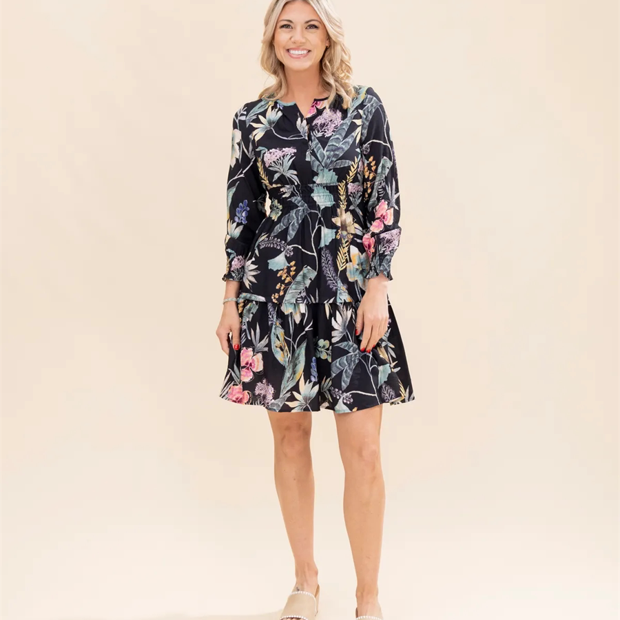 小俞家 ot*家黑底绿叶红花长袖短裙宽松休闲连衣裙v领秋冬